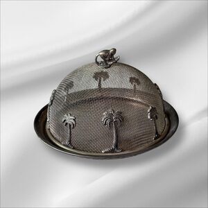Vintage Silver Plated Mesh Food Dome & Tray | Monkey Palm Tree Cloche Godinger